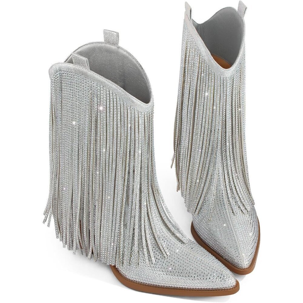 Women's Silver Cowgirl Rhinestone Western Boots with Sparkly Fringe Pointed Toe - Picture 6 of 6